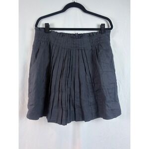 Charcoal Gray 100% Linen Pleated Mini Skirt Smocked Waist Back Zip Size 12